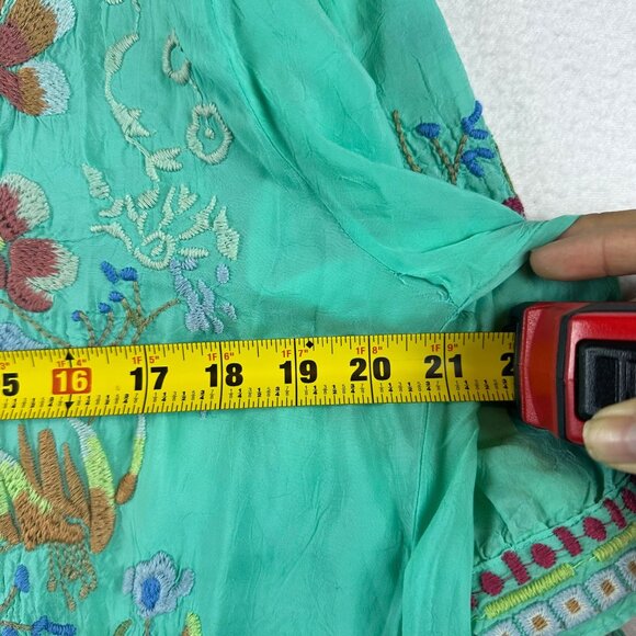 Johnny Was Embroidered Floral Tunic Top Green Boho V-Neck Tie Sleeve Womens M - Picture 7 of 12